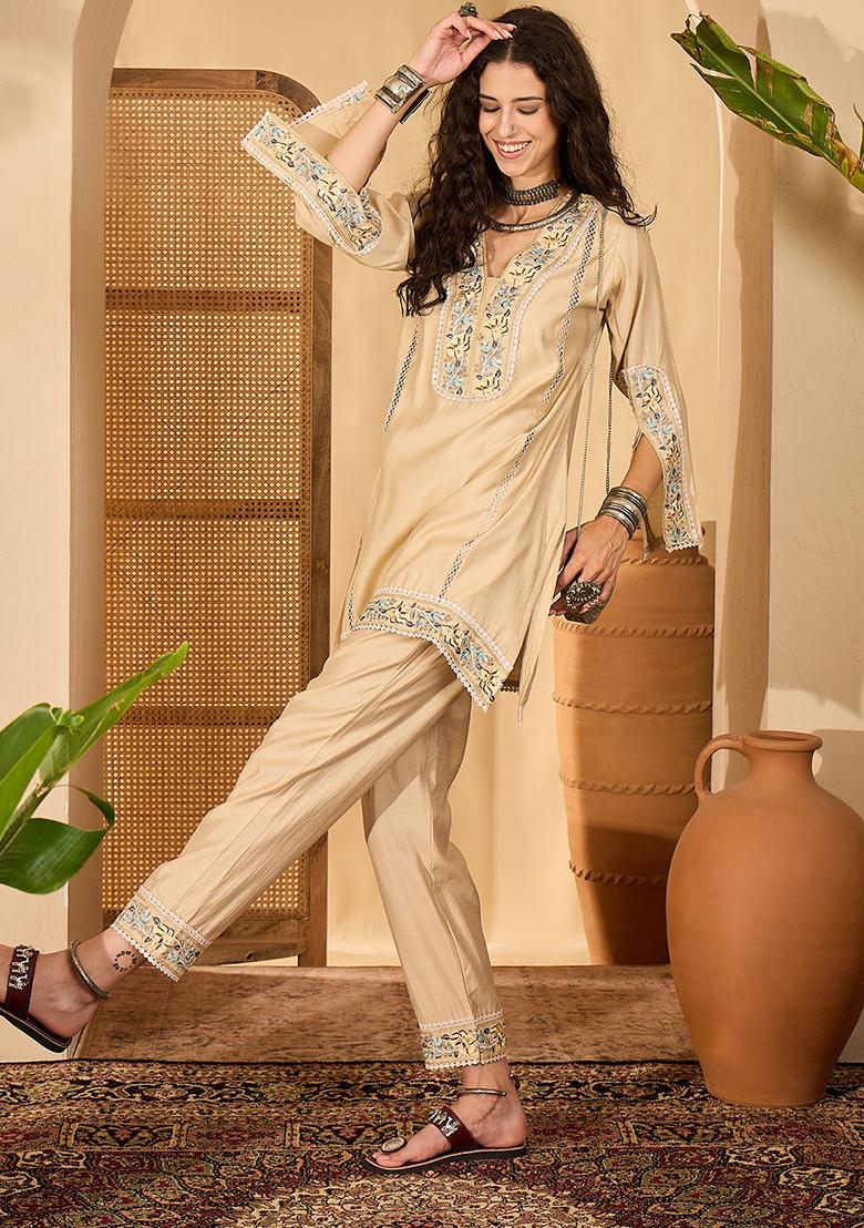 Beige Embroidery Silk Kurta Set - Indya
