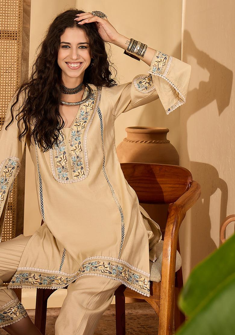 Beige Embroidery Silk Kurta Set - Indya