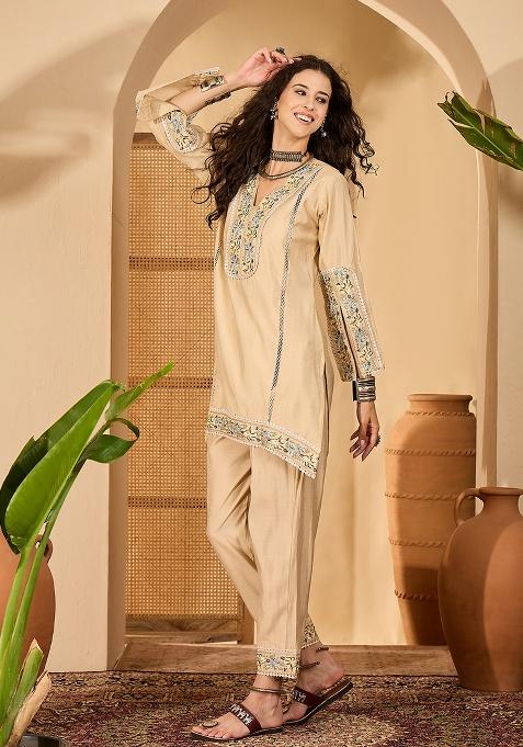 Beige Embroidery Silk Kurta Set