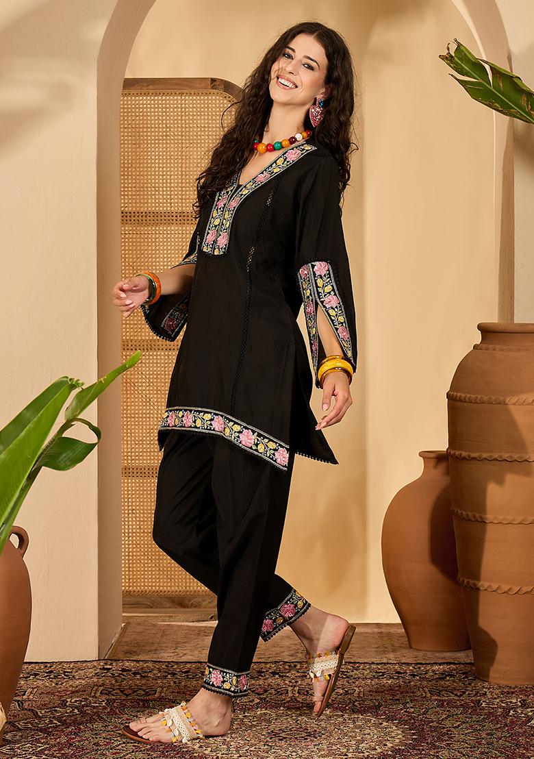 Black Embroidery Silk Kurta Set - Indya