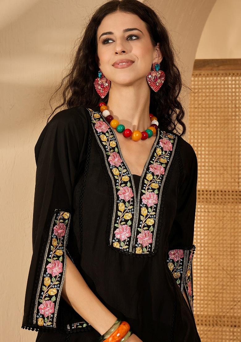 Black Embroidery Silk Kurta Set - Indya