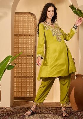 Green Embroidery Silk Kurta Set