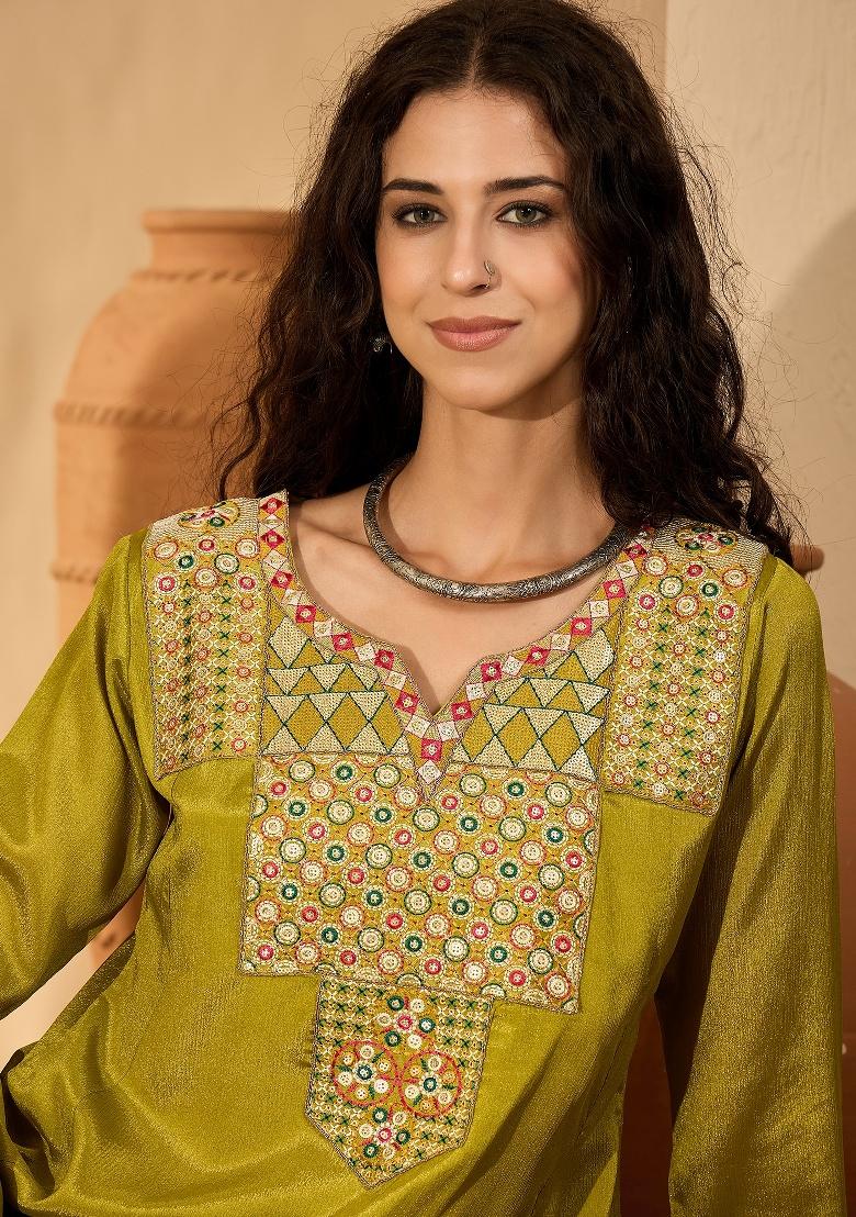 Green Embroidery Silk Kurta Set - Indya