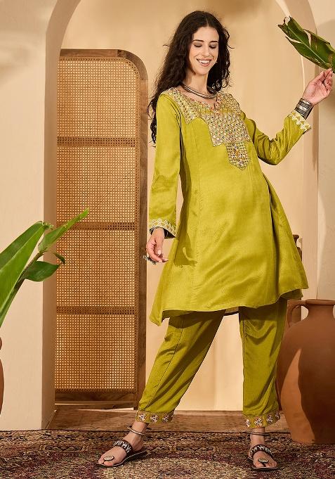 Green Embroidery Silk Kurta Set