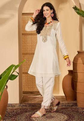 Cream Embroidery Silk Kurta Set