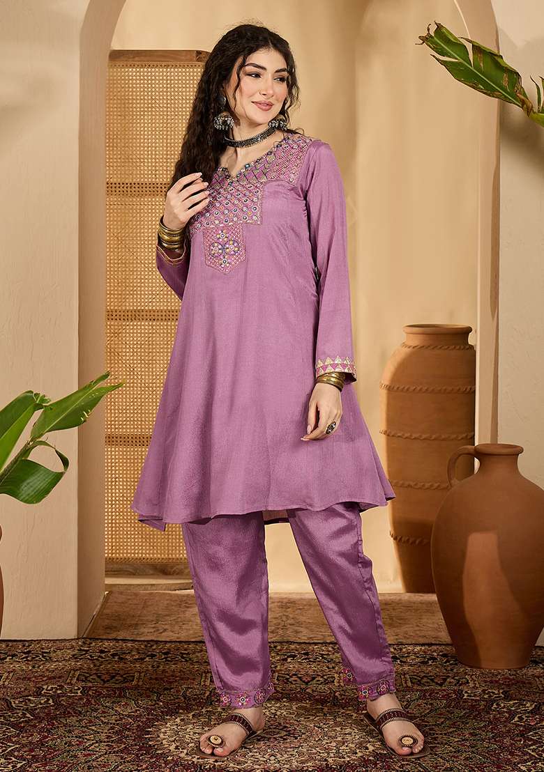 Purple Embroidered Silk Blend A Line Kurta Set - Indya