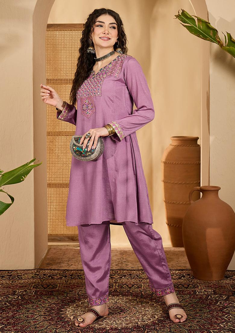 Purple Embroidery Silk Kurta Set - Indya