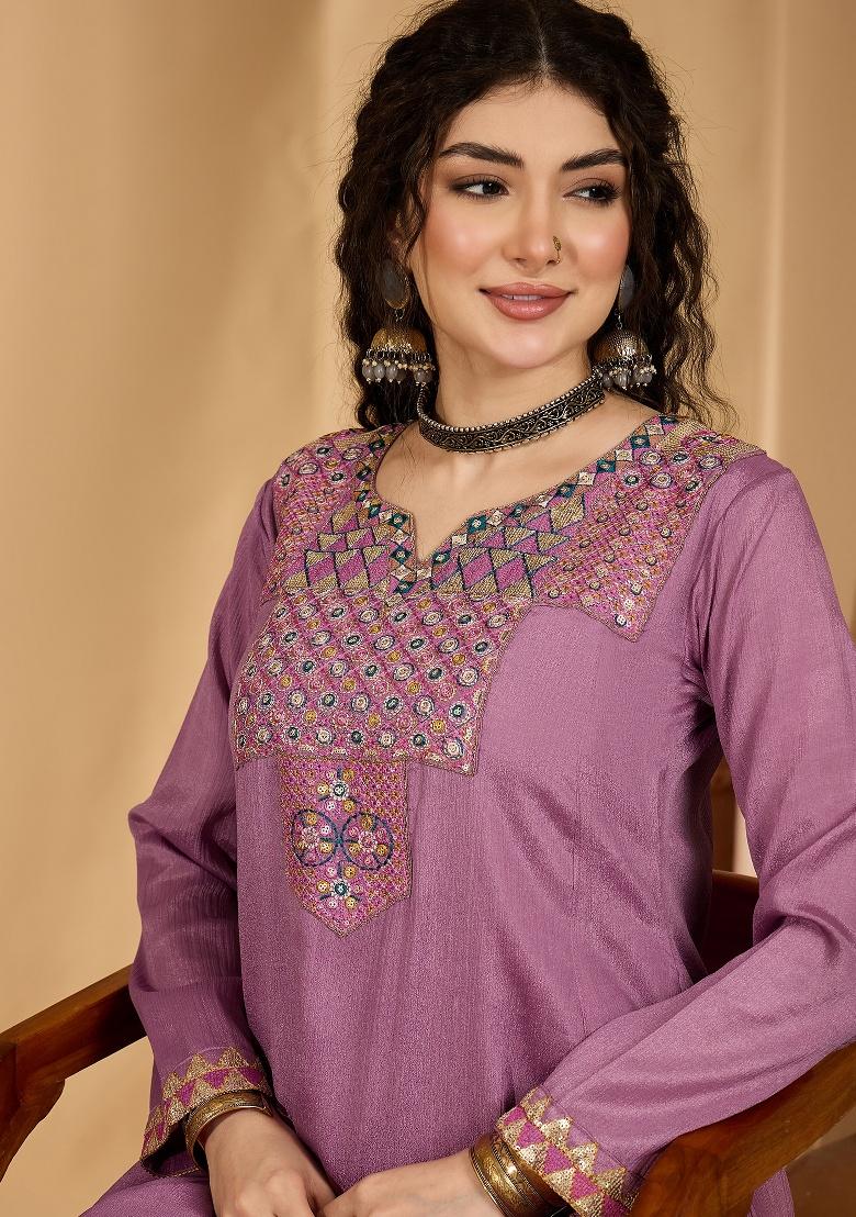 Purple Embroidery Silk Kurta Set - Indya