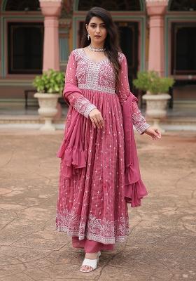 Peach Embroidery Georgette Kurta Set