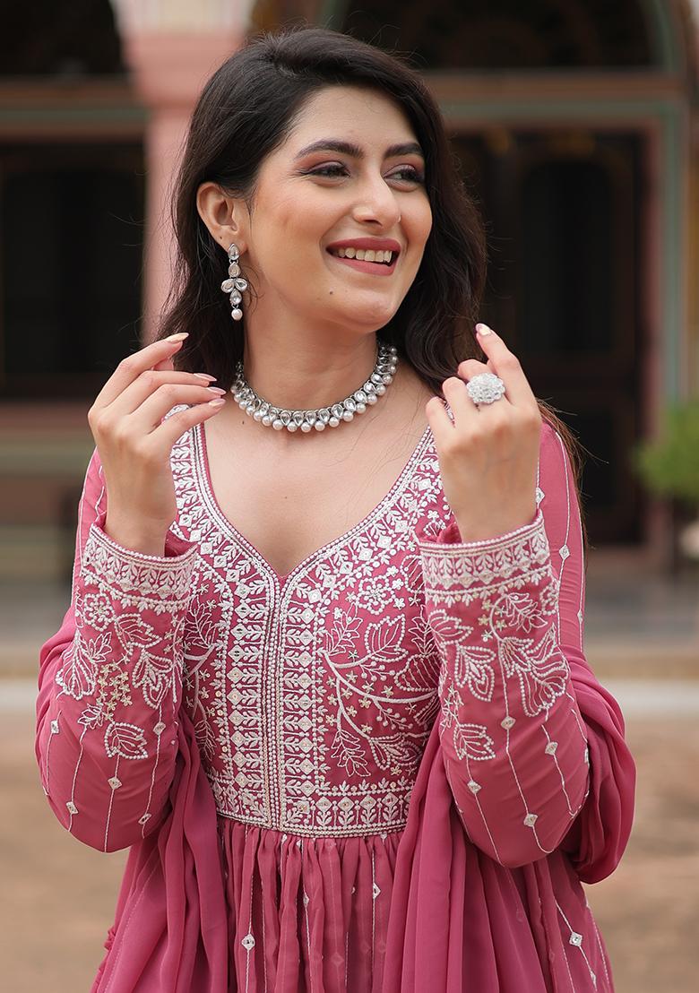 Peach Embroidery Georgette Anarkali Set - Indya