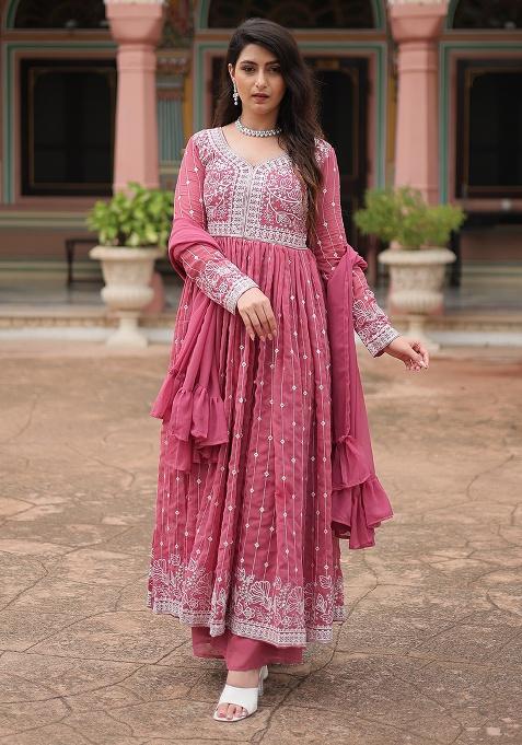 Peach Embroidery Georgette Kurta Set