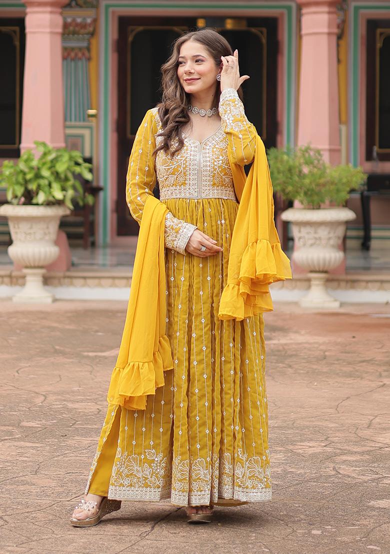 Yellow Embroidery Georgette Anarkali Set - Indya