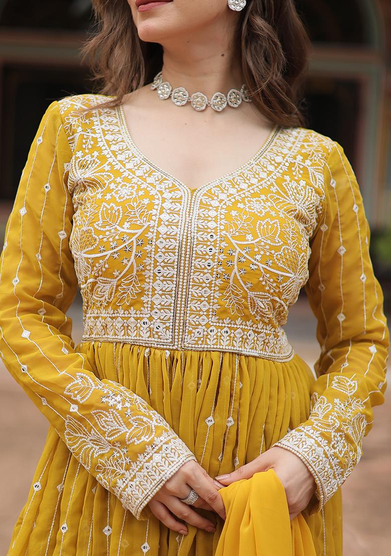 Yellow Embroidery Georgette Anarkali Set - Indya
