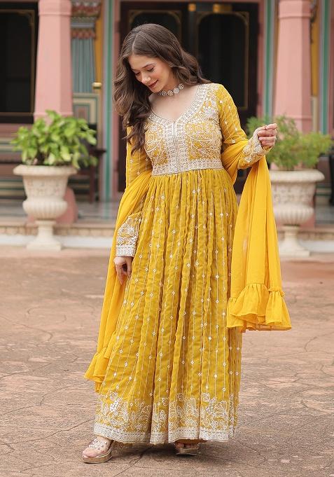 Yellow Embroidery Georgette Kurta Set