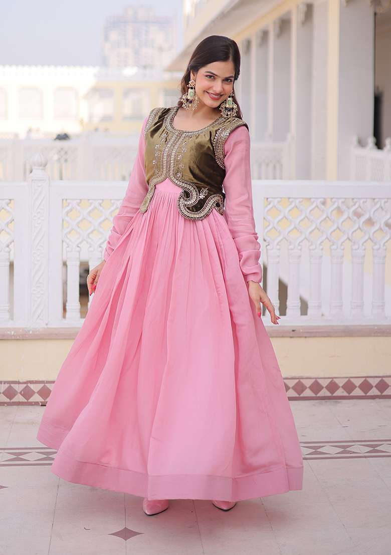 Pink Embroidered Chanderi Anarkali Set - Indya