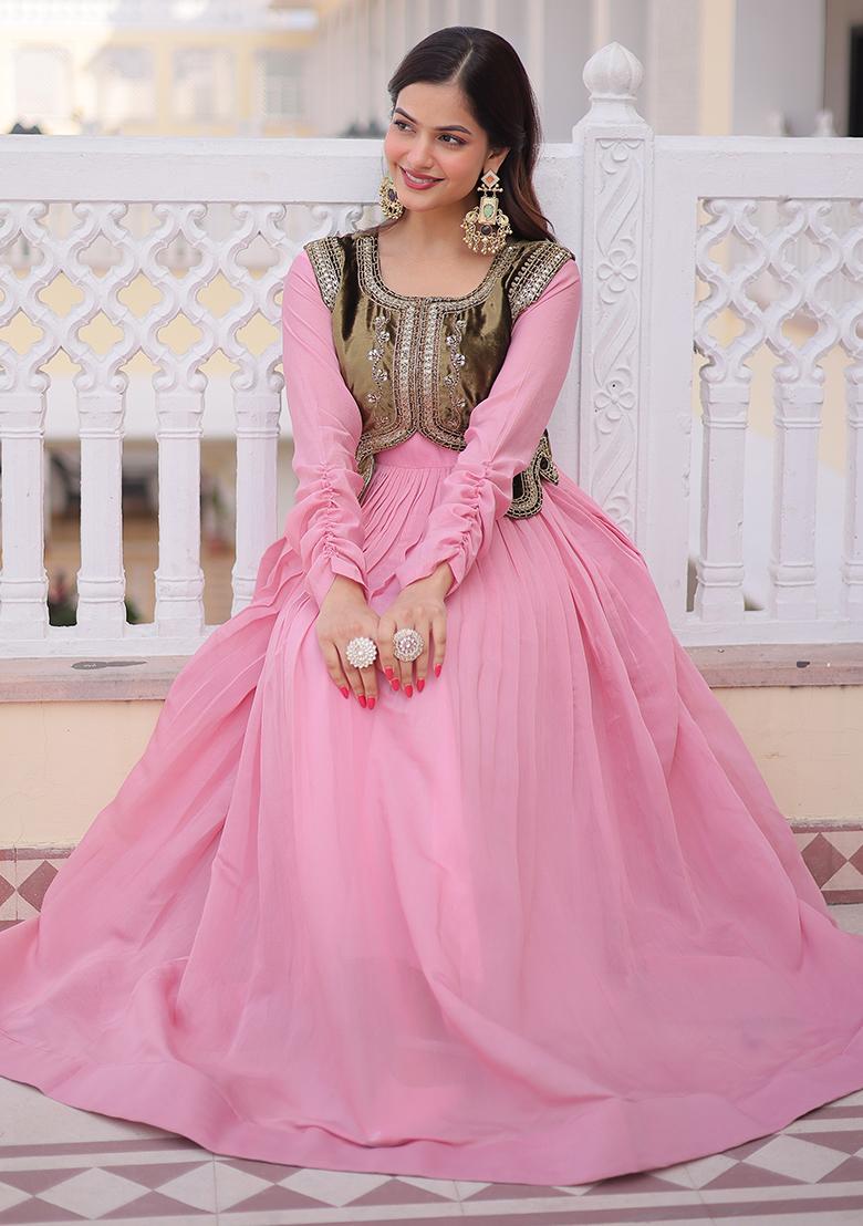 Pink Embroidery Chanderi Anarkali Set - Indya