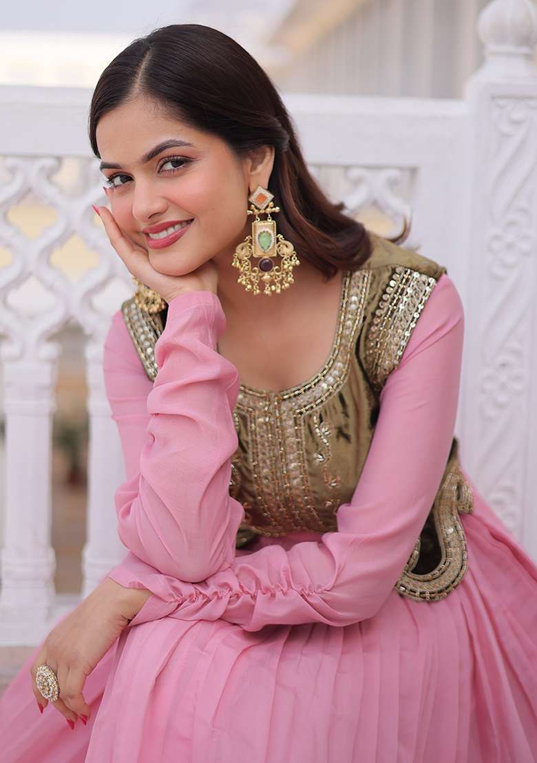 Pink Embroidered Chanderi Anarkali Set - Indya