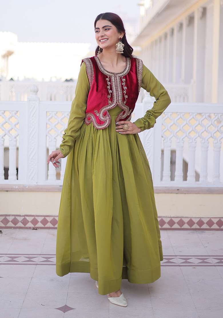 Pista Embroidered Chanderi Anarkali Set - Indya