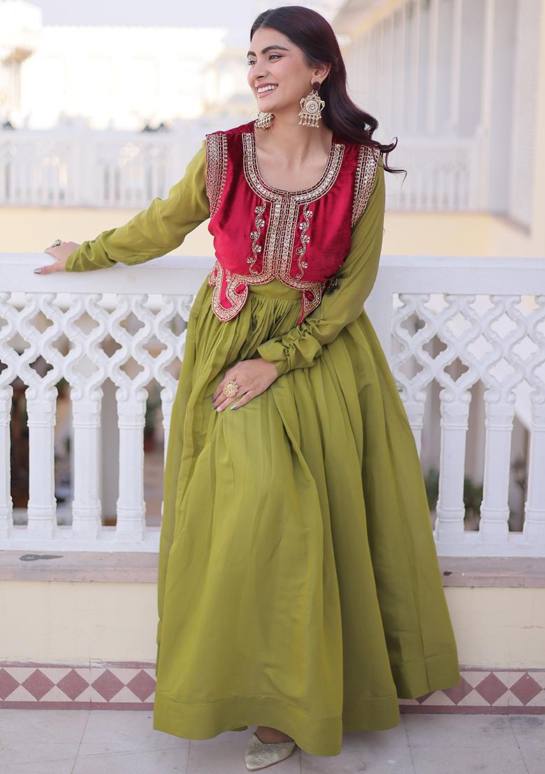 Pista Embroidery Chanderi Anarkali Set - Indya