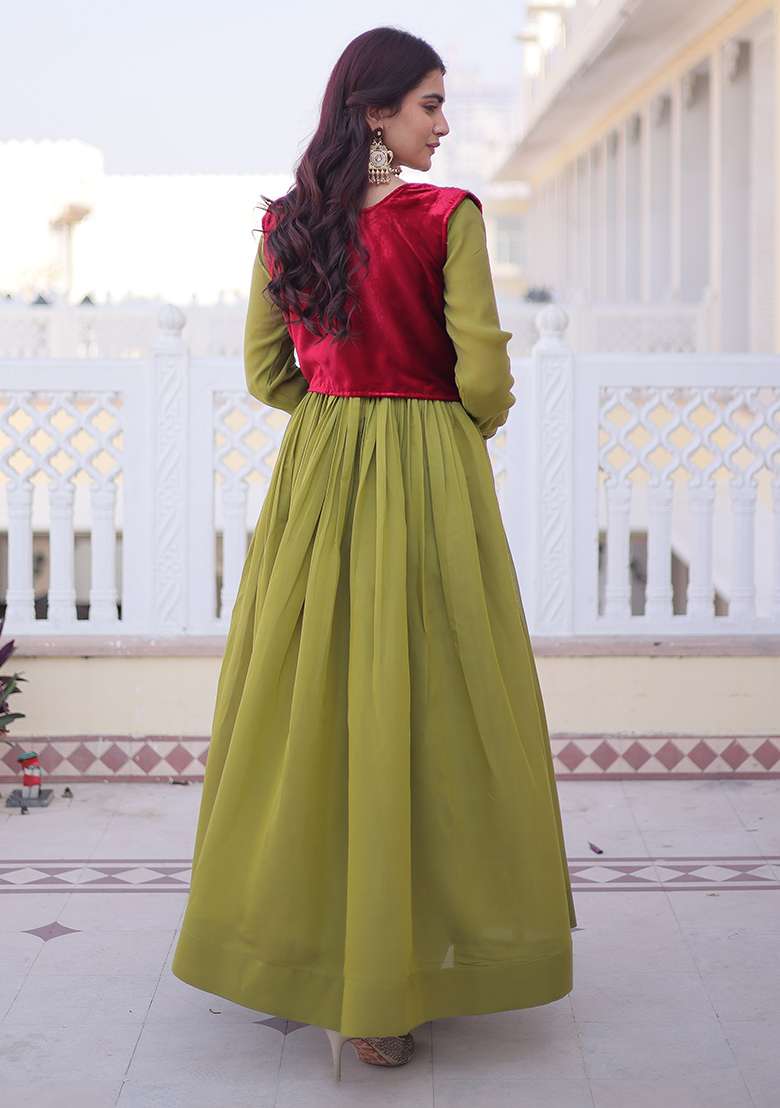 Pista Embroidered Chanderi Anarkali Set - Indya