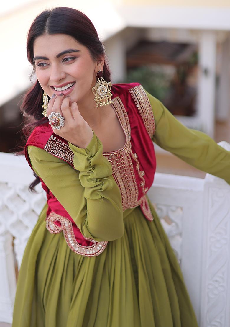 Pista Embroidery Chanderi Anarkali Set - Indya