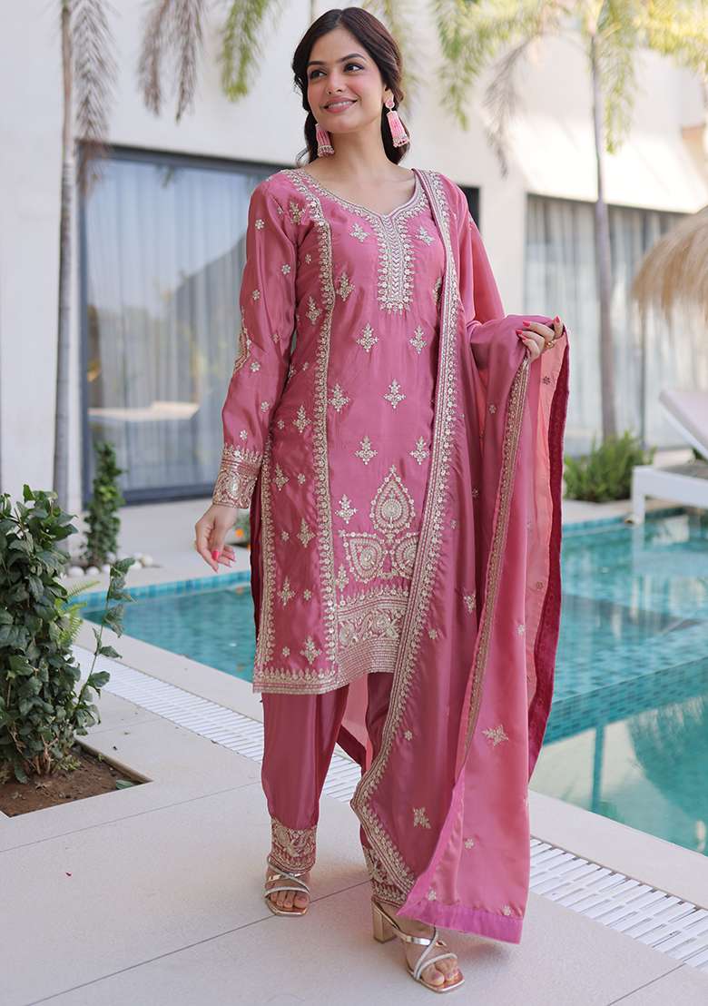Pink Embroidered Silk Blend Straight Kurta Set - Indya