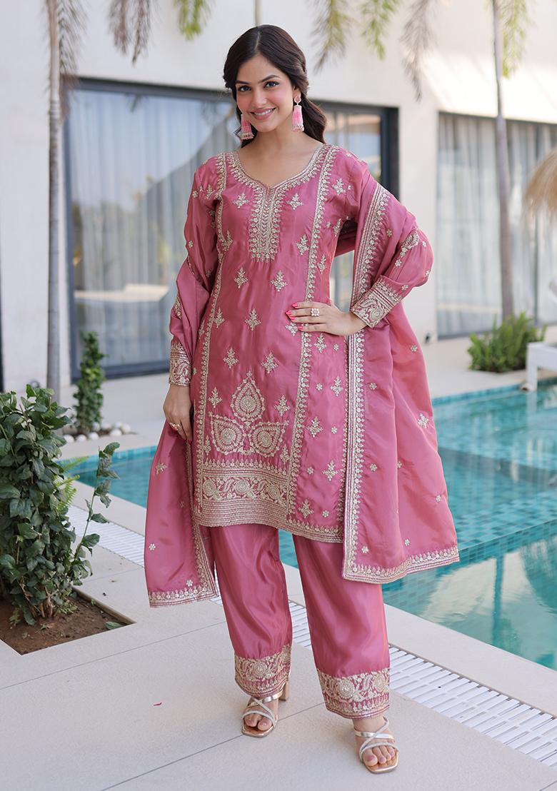 Pink Embroidery Silk Kurta Set - Indya