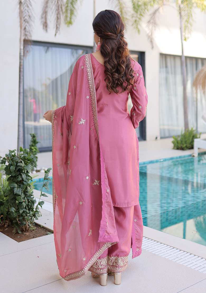 Pink Embroidered Silk Blend Straight Kurta Set - Indya