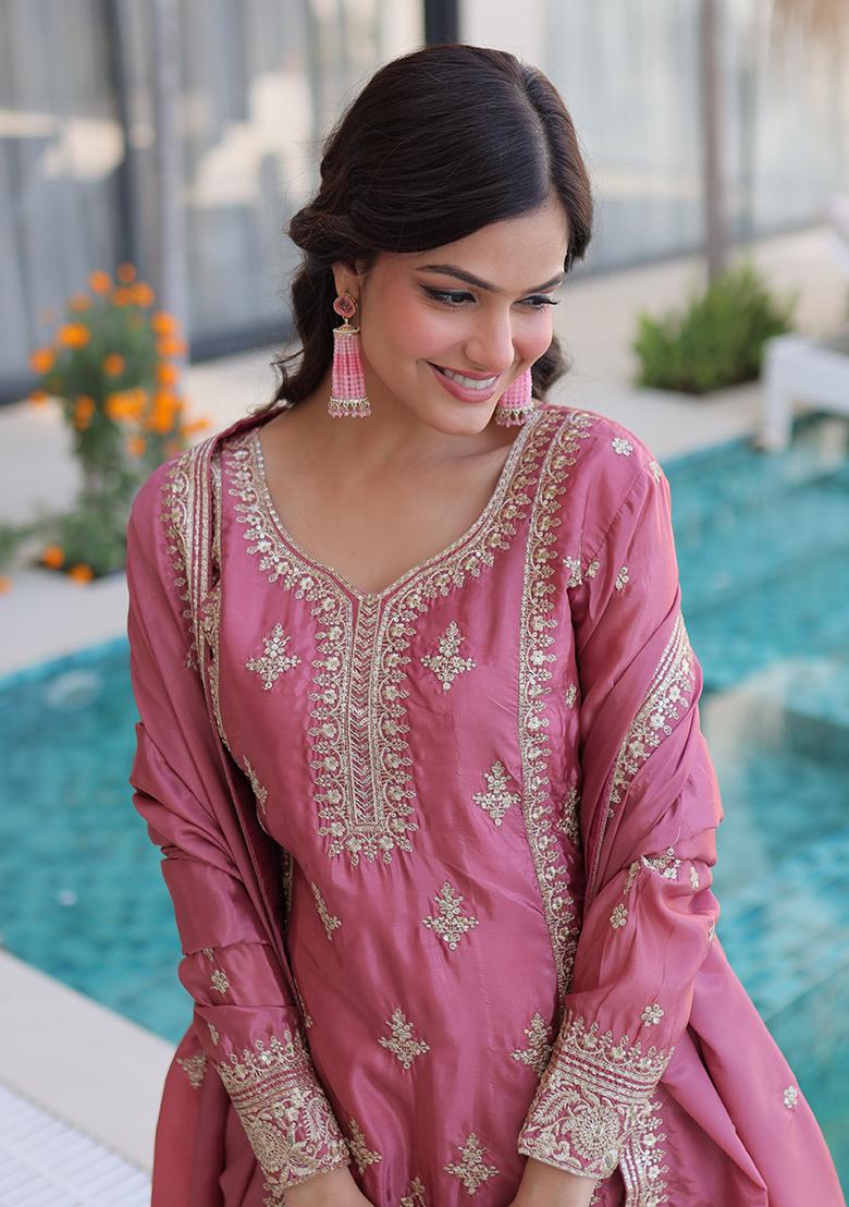 Pink Embroidery Silk Kurta Set - Indya