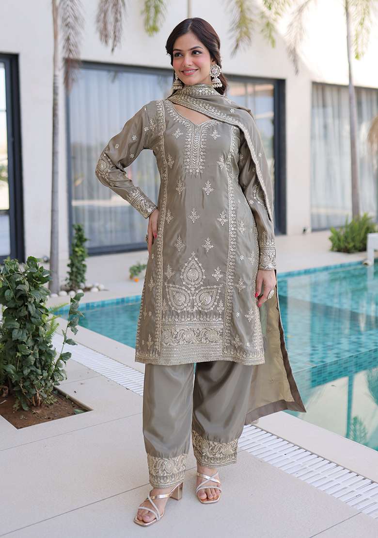 Chiku Chikankari Silk Blend Straight Kurta Set - Indya