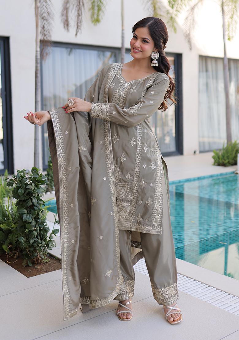 Chiku Embroidery Silk Kurta Set - Indya