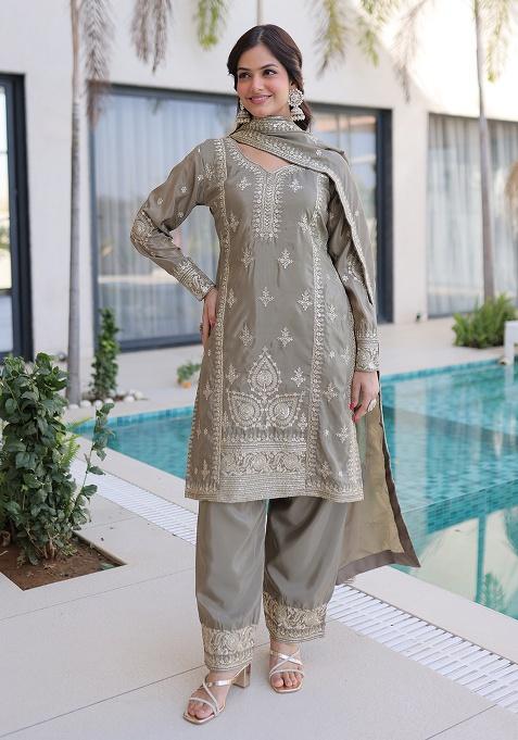 Chiku Embroidery Silk Kurta Set