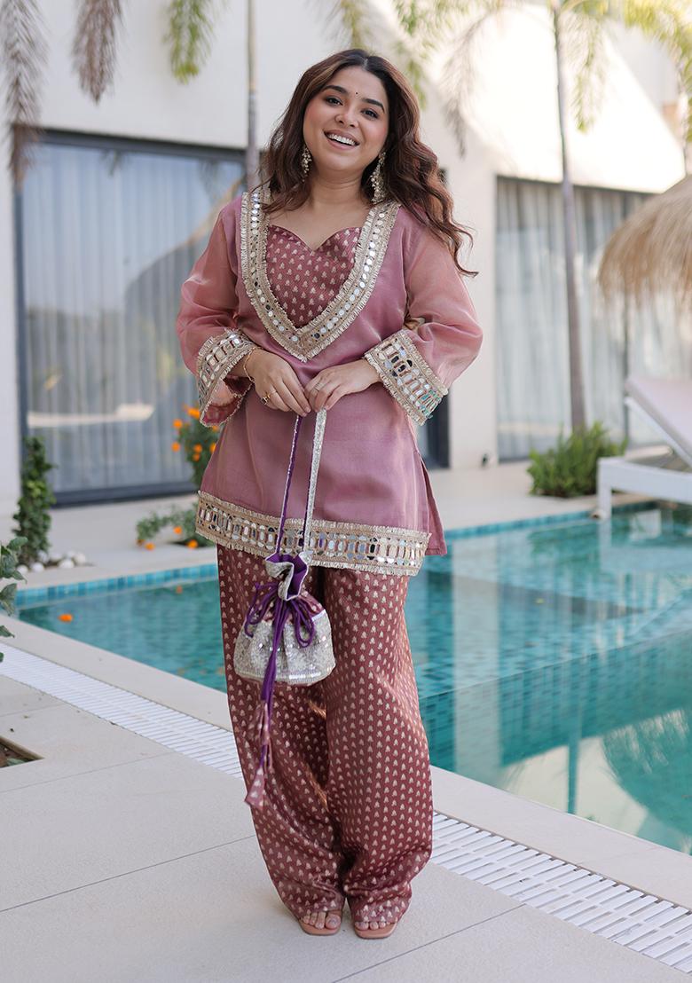 Pink Embroidery Silk Kurta Set - Indya