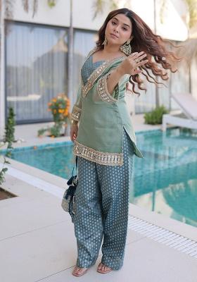 Sky Blue Embroidery Silk Kurta Set