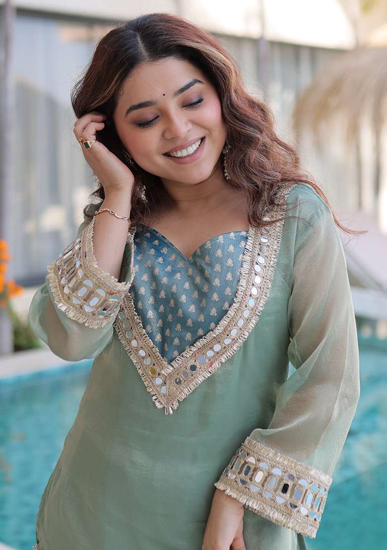 Sky Blue Embroidered Silk Blend Sharara Set - Indya