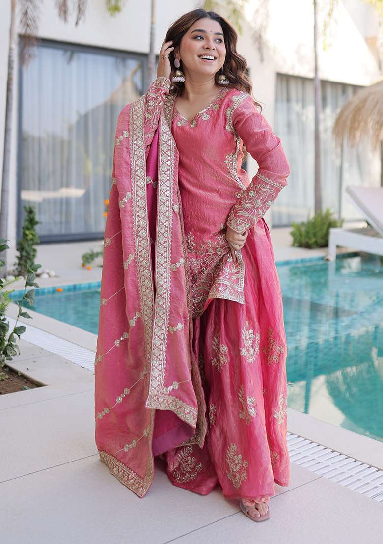 Pink Embroidered Gold Crush Sharara Set - Indya