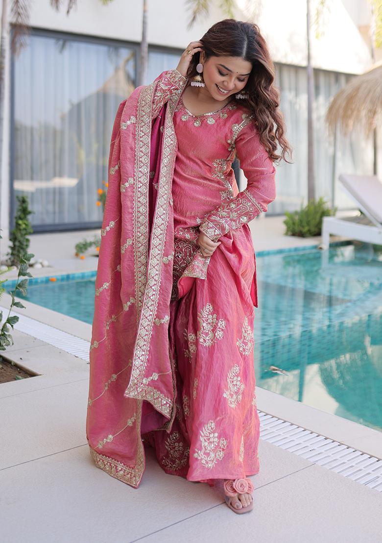 Pink Embroidery Gold Crush Sharara Set - Indya