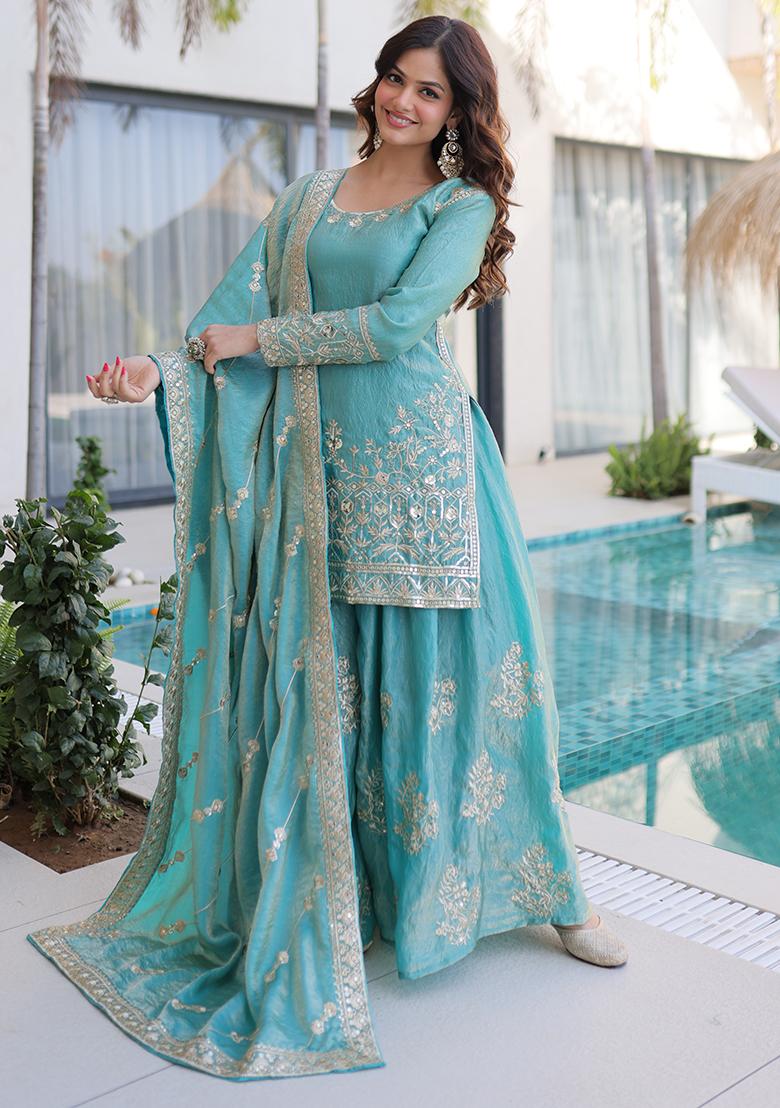 Sky Blue Embroidery Gold Crush Sharara Set - Indya