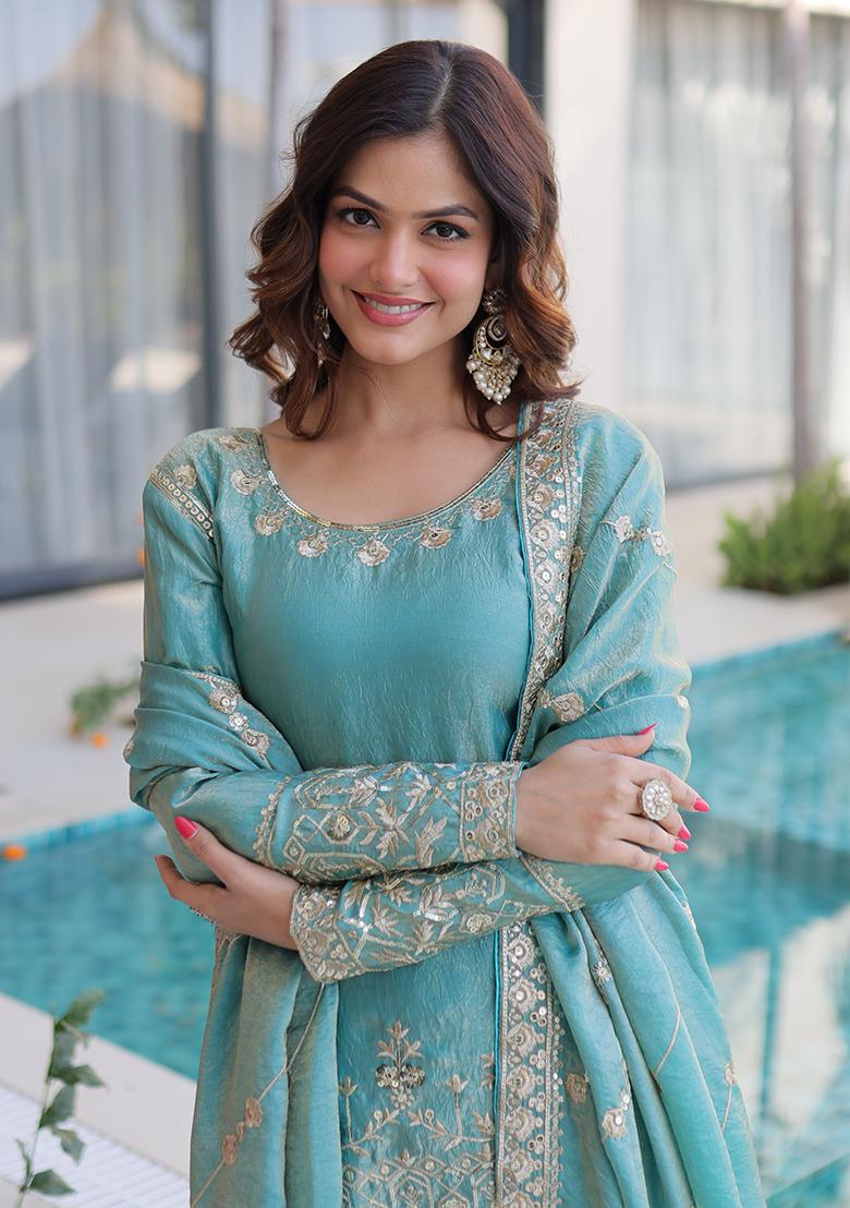 Sky Blue Embroidery Gold Crush Sharara Set - Indya