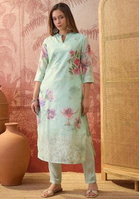 Green Printed Chanderi Straight Kurta Set
