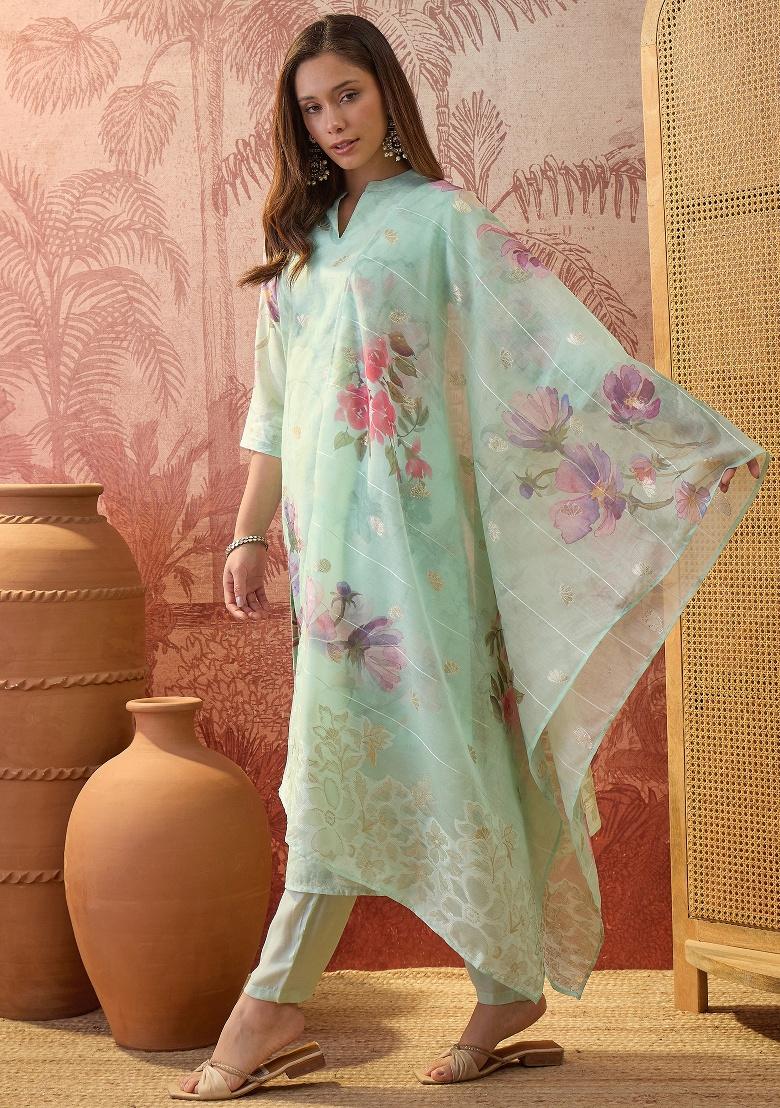 Green Printed Chanderi Straight Kurta Set - Indya