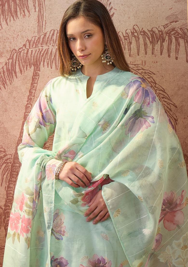 Green Printed Chanderi Straight Kurta Set - Indya