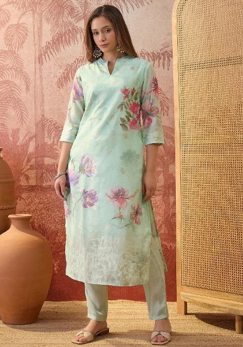 Green Printed Chanderi Kurta Set