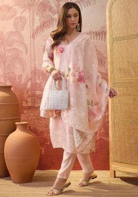 Peach Printed Chanderi Straight Kurta Set