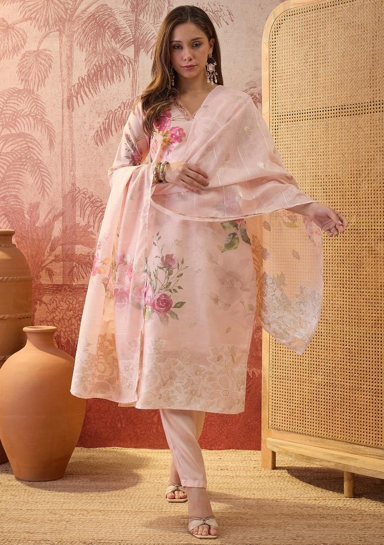 Peach Printed Chanderi Straight Kurta Set - Indya