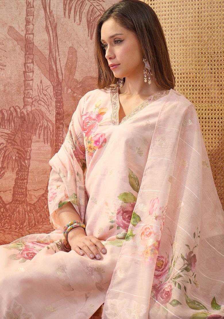 Peach Printed Chanderi Straight Kurta Set - Indya