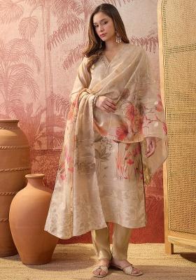 Beige Printed Chanderi Straight Kurta Set