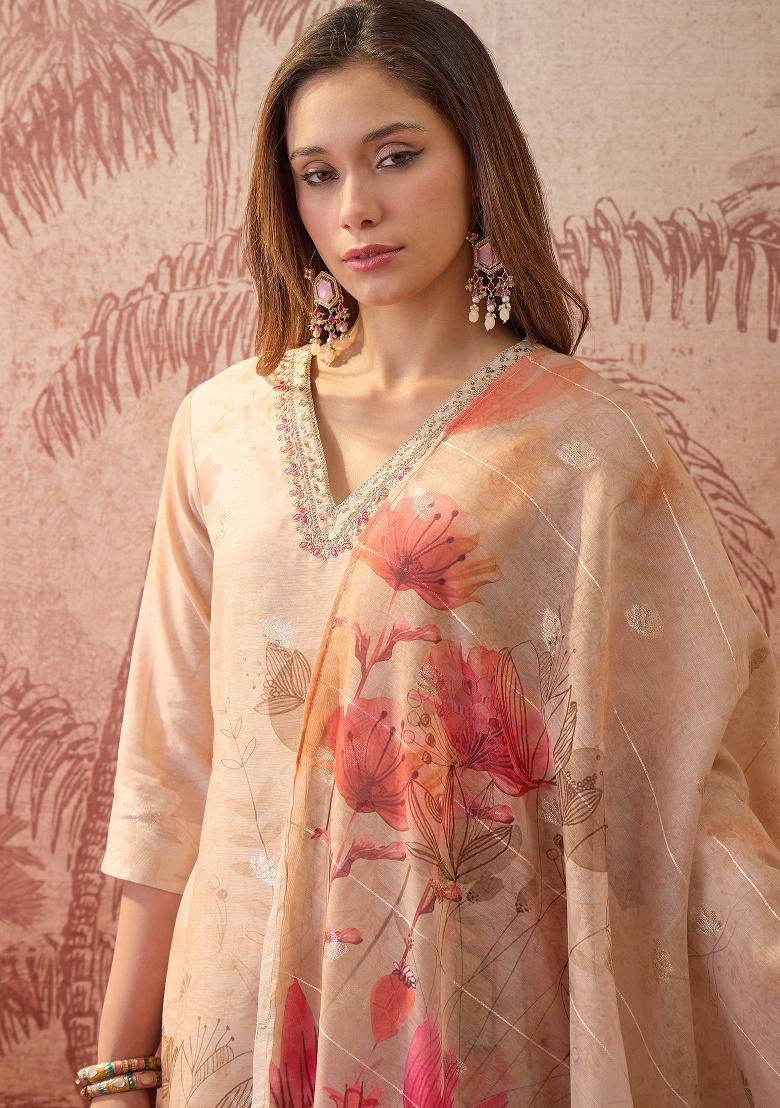 Beige Printed Chanderi Straight Kurta Set - Indya