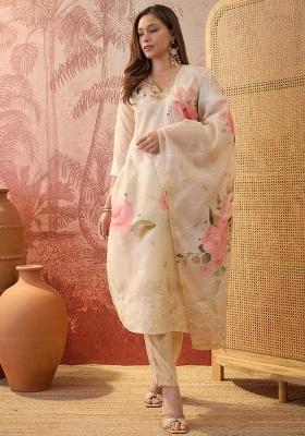 Cream Printed Chanderi Straight Kurta Set