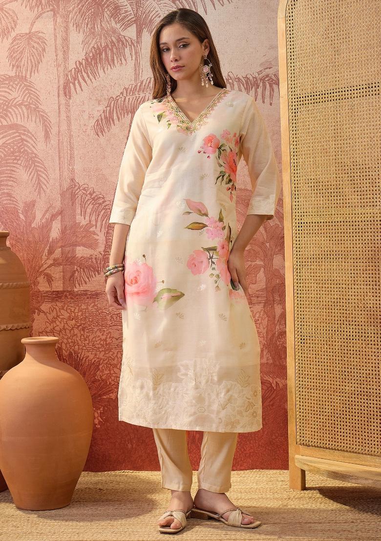 Cream Printed Chanderi Straight Kurta Set - Indya